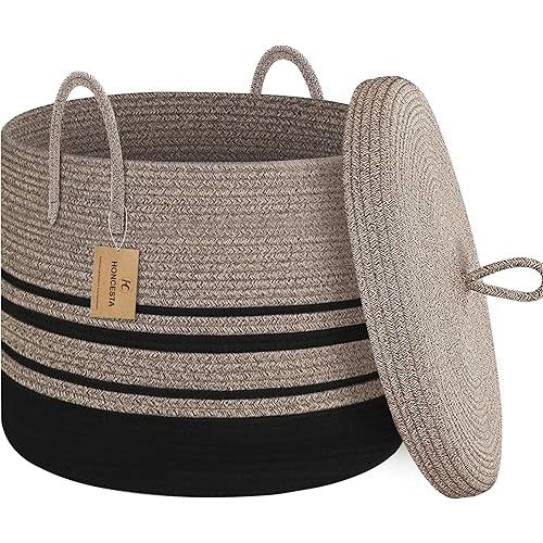 Extra Large Woven Basket with Lid, 18" X 14" Wicker Blanket Storage Basket Living Room, Tall Rope Storage Baskets for Toys, Decorative Kids Toy Bin Box with Cover, Baby Laundry Basket Hamper