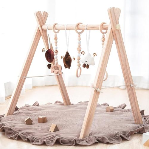 Wooden Baby Play Gym Play Mat Foldable with 6 Hanging Toys for Shower Gift
