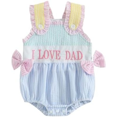 0-3M Baby Girl Summer Romper 6M Infant Blue Bodysuit Bows Letter Embroidery Striped Sleeveless Infant Jumpsuit