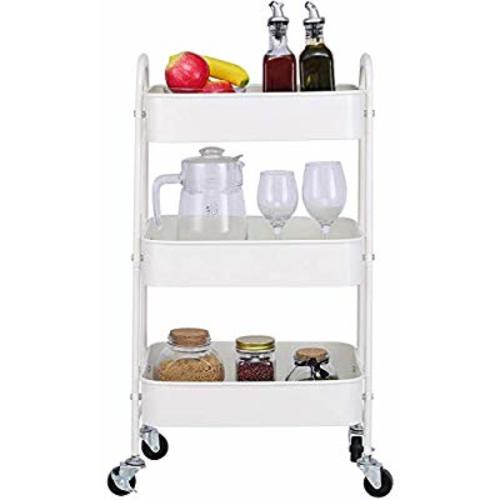 3-Tier Metal Mesh Utility Rolling Cart Storage Organizer with Wheels, Cream White