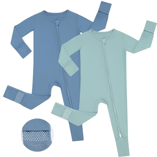 JunNeng Viscose from Bamboo Sleeper with Mittens, 2 Way Zipper Baby Boy Pajamas, Non Slip Sleep'N Play Romper