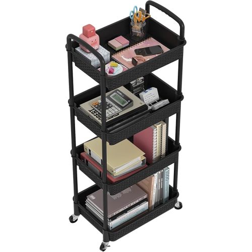 MOYIPIN 4-Tier Plastic Rolling Utility Cart with Handle, Utility Storage Cart for Office, Living Room, Kitchen, Movable Storage Organizer Shelves, Black