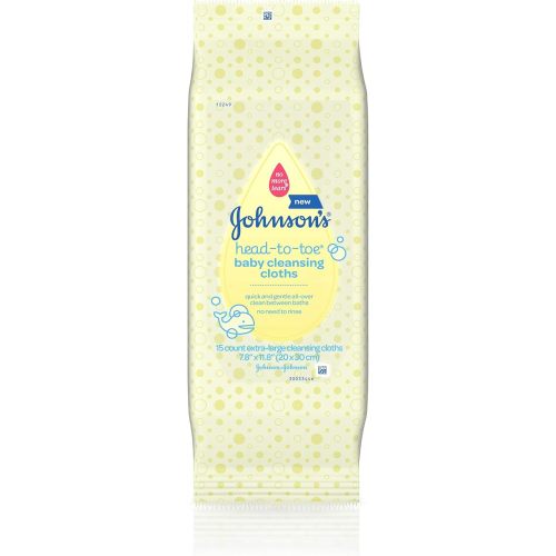 Johnson's Head-to-Toe Gentle Baby Cleansing Cloths, Hypoallergenic, Free of Alcohol, Dyes, and Soap, 15 ct ( Pack of 2)