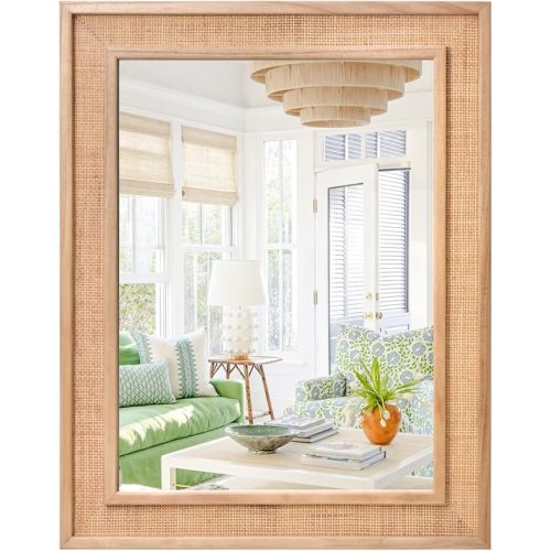Rattan Wall Mirror 27" X 34" inch Rectangle Wooden Framed Mirror Farmhouse Vanity Mirror Modern Boho Decorative Wall Mirror Hanging for Bathroom Living Room Entryway Bedroom Nature - Natural - 27x34 Inch