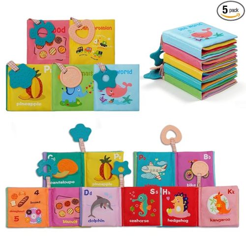 5-Pack Soft Cloth Crinkle Books for Babies 0-3, Washable Non-Toxic Sensory Early Educational Toys, Bath & Learning Cloth Books for Infants