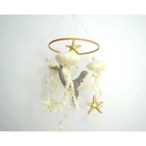 Felt Ocean Baby Mobile: Whale, Jellyfish & Starfish - Neutral Nursery Decor