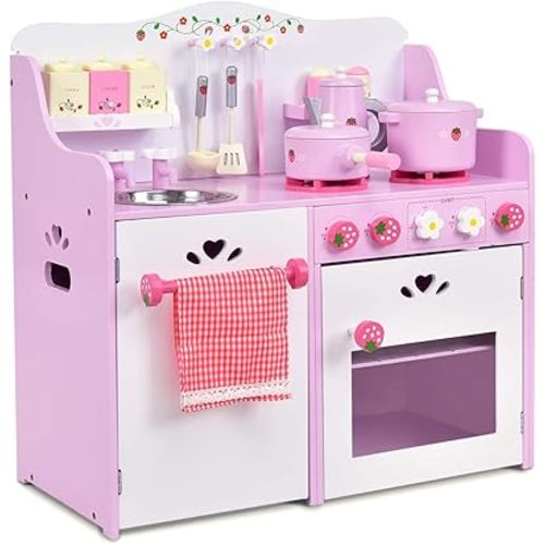 Costzon Kids Kitchen Playset, Wooden Pink Strawberry Themed Pretend Toy Set with 13-Pieces Cookware, Realistic Sound, Pot, Pan, Sink, Oven, Kitchen Set Gift for Toddlers, Girls