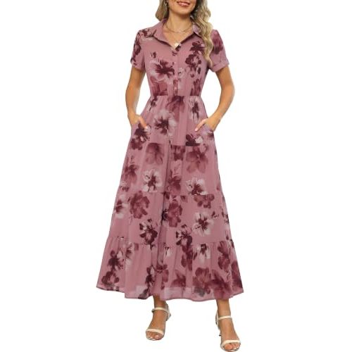 Kranda Women 2026 Summer Collared V Neck Short Sleeve Button Down Chiffon Long Tiered Floral Maxi Dress with Pockets