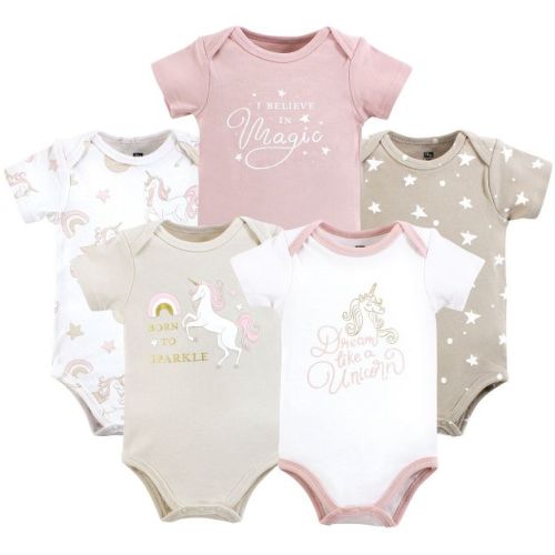 Hudson Baby Infant Girls Cotton Bodysuits 5-Pack, Unicorn Dreams, 0-3 Months