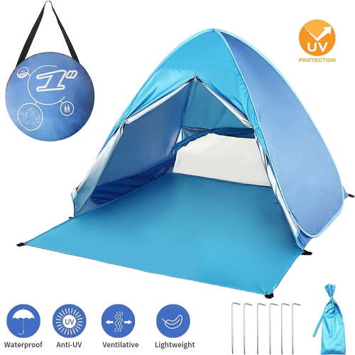 BEEPRINCESS Anti-UV, Windproof Beach Tent, 2-3 Person, Pop Up Sun Shelter, Blue