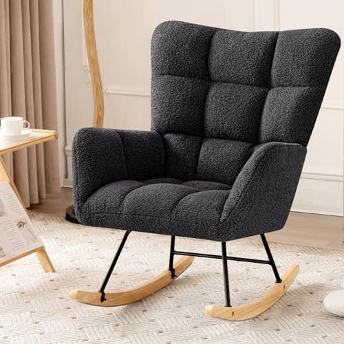 Furniliving Sherpa Rocking Chair Nursery, Comfy Upholstered Glider Rocking Armchair with High Backrest and Suitable Armrest, Rocker Glider Chair Soft Side Chair for Bedroom, Home Office(Black)