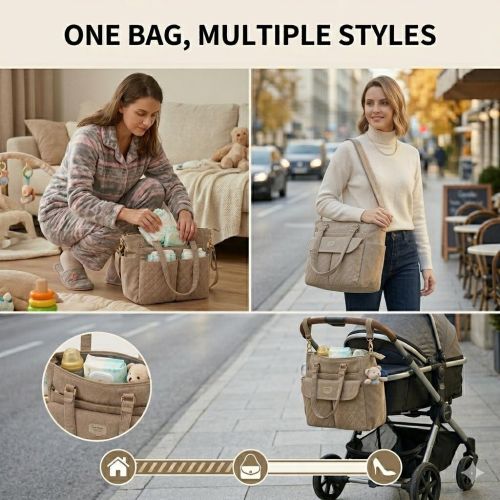 Corduroy Quilted Diaper Bag Tote with Changing Mat