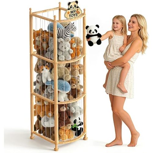 Stuffed Animal Storage Organizer, Wooden Toy Storage Organizer & Plush Storage Tower with Elastic Cords, Stuffed Animal Zoo for Kids Bedroom, Playroom & Nursery, Solid Pine, 15.7 x 15.7 x 53.5 In