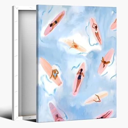 Ocean Poster Surfer Girl Room Decor Beach Themed Prints Watercolor Art Design Surf Wall Art Coastal Cowgirl Posters for Room Aesthetic Canvas Prints For Beachy House Dorm Decor 16x24inch Framed