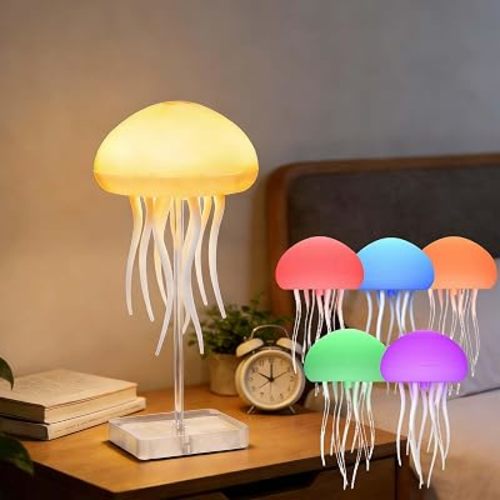Jellyfish Lamp, Voice Control Jellyfish Light with Dancing Legs, RGB Gradient Jellyfish Night Light, Rechargeable Bedside Lamp with Hanging and Staingnd, for Valentine's Day(Version A)
