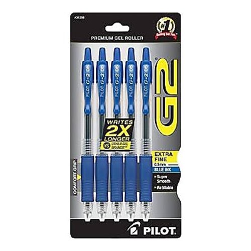 Pilot G2 Rollerball Gel Pen, Extra Fine Point, 0.5mm, Blue Ink, 5/Pack (31298)
