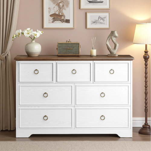 LIKIMIO 7 Drawer Dresser with Power Outlets, 47.2'' Wood Chest of Drawers for Bedroom Living Room