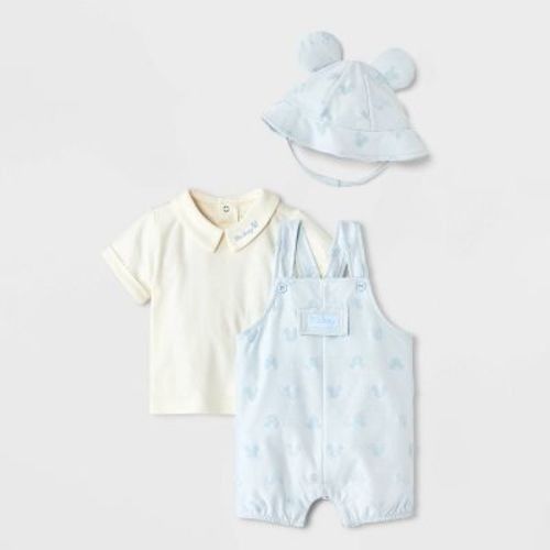 Baby Boys' 3pc Disney Mickey Mouse Bodysuit & Shorts Overalls Set with Hat - Blue 0-3M