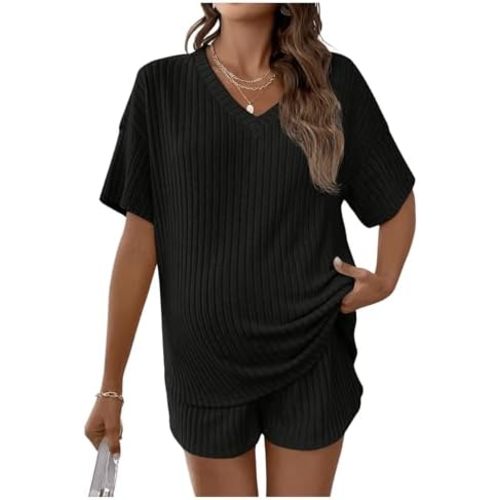 SweatyRocks Women's Maternity 2 Piece Outfits V Neck Short Sleeve Top and Elastic Waist Shorts Set