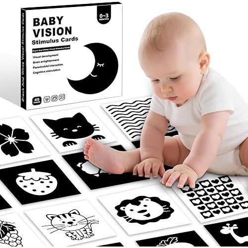 40 Pages Baby Contrast Cards for Infants 0-6 Months, Baby-Safe Visual Stimulation Black and White Cards for Newborns, Black and White Card for Newborn, High Contrast Card for Infants 0-6 Months
