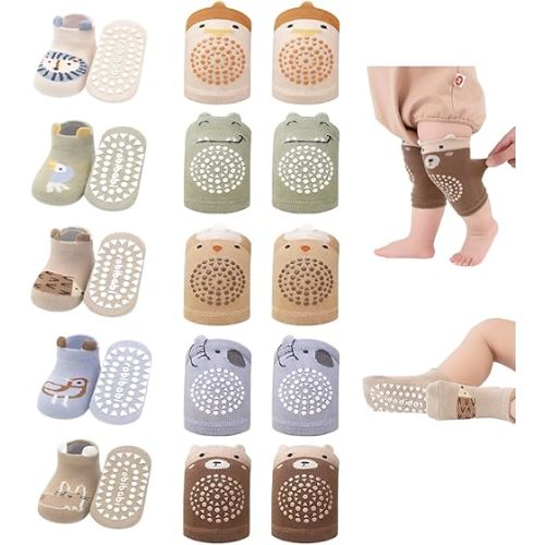 Baby Crawling Knee Pads and Socks with Anti-Slip Grips 10 Pairs Unisex Baby Toddler Nonslip Kneepads & Ankle Socks