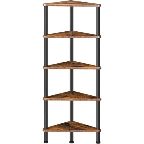 HOOBRO Corner Shelf Stand, Industrial 5-Tier Corner Bookshelf with Metal Frame, Plant Display Shelf, Small Bookcase for Small Spaces, Bedroom, Living Room, Rustic Brown BF33CJ01