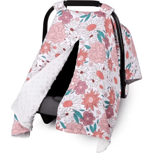 Metplus 2 in 1 Flowers Baby Car Seat Cover, Car Seat Canopy for Babies, Mom Multiuse Nursing Cover, Minky Baby Carrier Covers, Newborn Boy Girl, Peekaboo Opening