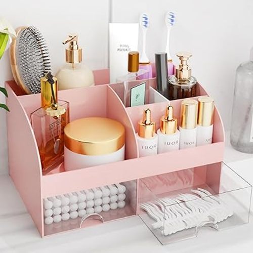 Makeup Organizer with Drawers, Cosmetic Storage for Dresser Vanity and Bathroom Countertop, Beauty Holder for Lipstick Brush, Skincare Organizer for Vanity, Cosmetic Display Case (Pink)