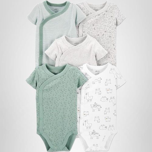 Simple Joys by Carter's Baby 5-Pack Short-Sleeve Bodysuit, Green/Grey Forest Animals/Light Grey Heather/Mint Green Stripe/White Llama, 0-3 Months