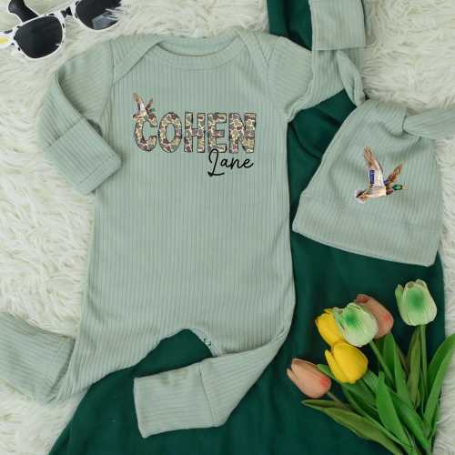 Custom Name Duck Camo Themed Baby Bodysuit, Mallard Duck Baby Bodysuit, Hunting Duck Newborn Clothes, Coming Home Outfit, Baby Shower Gift