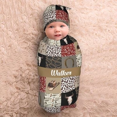 Personalized Baby Swaddle Blanket with Hat – Personalized Name Receiving Blanket Set for Newborn Boys – Soft Infant Gift Wrap (Western Cowboy)