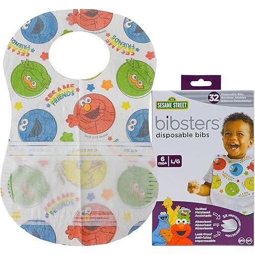 Sesame Street Large Disposable Bibs with Patented Crumb-Catcher, Leakproof Liner, and Reusable Fastener, Ages 6+ Months, 32 count