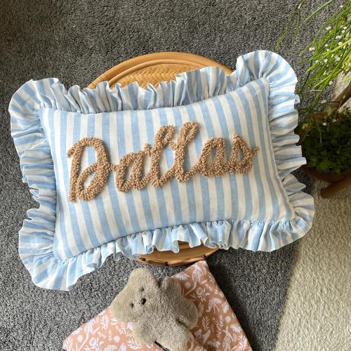BLUE STRIPES Personalised Ruffled Cushion Handmade Punch Needle Decor | Cottagecore Nursery Kids  Room Styling | Custom Gift Baby Shower