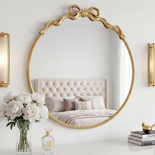 PERHOM Round Gold Bow Mirror,30"x28" Large Circle Mirror with Metal Frame,Wall Decor Vintage Baroque Ornate Mirrors for Nursey,Bathroom,Bedroom,Dressing Room, Living Room,Girls Room