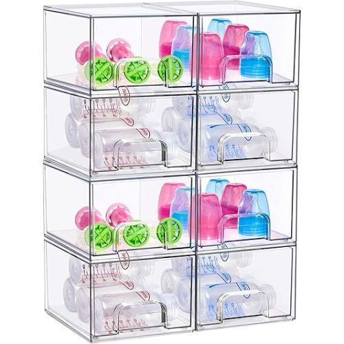 Sorbus Stackable Acrylic Storage Drawers, 8 Pack Clear Plastic Organizer Bins for Baby Bottles, Makeup, Bathroom, Vanity & Kitchen Countertop Organization, Pull-Out Drawer Design for Cabinets & Pantry