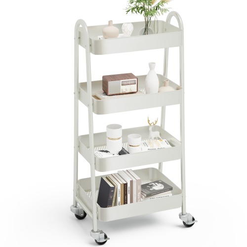 Sweetcrispy White 40-in 4-Tier Metal Rolling Utility Cart Storage Organizer with Lockable Wheels