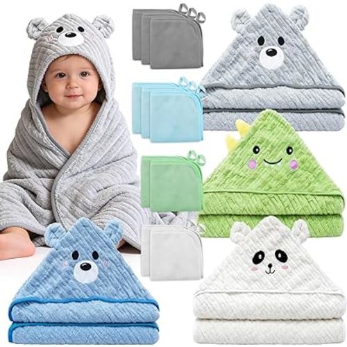 14 PCS Baby Bath Towels Set, 4 PCS Animal Hooded Baby Towels & 10 PCS Washcloths, Ultra Soft & Absorbent Newborn Bath Towels for Infants Toddlers