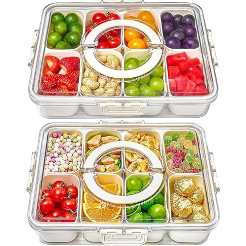 Mfacoy Snackle Box Container, 2 Pack Divided Serving Tray with Lid and Handle, Snack Box Charcuterie Container for Portable Snack Platters, Clear Organizer for Candy, Fruits, Travel, Party, Picnic
