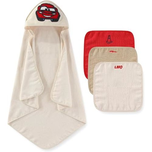 Disney Baby Boys Cars Hooded Bath Towel with 3 Washcloths Set for Infants