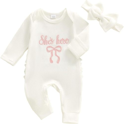 Baby Girls Clothes She Is Here Embroidery Romper Bow Waffle Knit Ruffled Newborn Infant Winter Fall Outfit with Headband