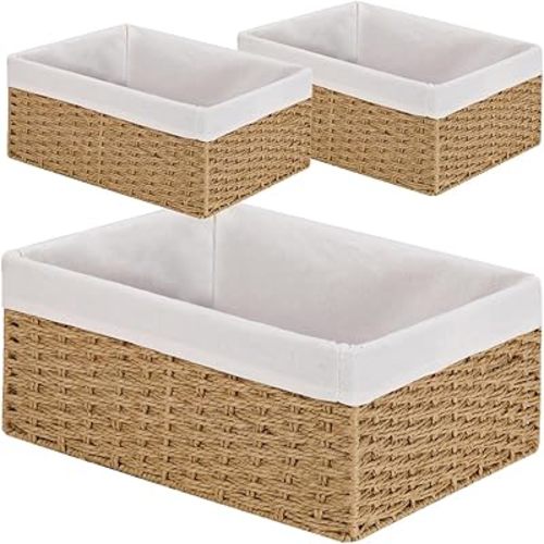 Vagusicc Wicker Storage Basket, 3-Pack Woven Paper Rope Wicker Baskets with Handles, Large Wicker Basket Cube Storage Bins with Liners, Storage Baskets for Organizing Shelves & Decor, Natural