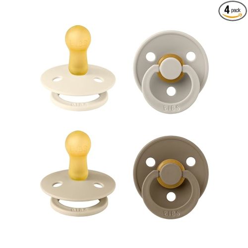 BIBS Pacifiers - Colour 4-Pack | BPA Free Baby Pacifier | Round Nipple Binkies | Natural Rubber Latex Soother | Made in Denmark | Size 6-18 Months | Vanilla Mix