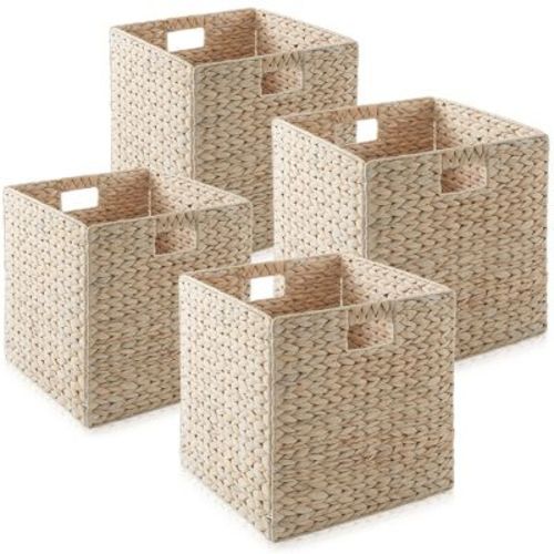 Casafield 13" x 13" Water Hyacinth Storage Baskets, Whitewash - Set of 4 Collapsible Cubes, Woven Bin Organizers for Bathroom, Bedroom, Laundry