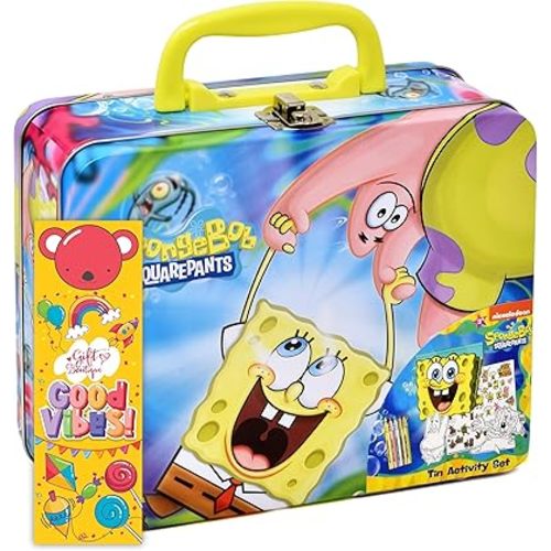 SpongeBob Squarepants Coloring and Activity Tin Box for Kids, with Crayons, Stickers, Sketch Pad, Mess Free Crafts Color Kit for Toddlers, Boys, and Girls Bookmark Included
