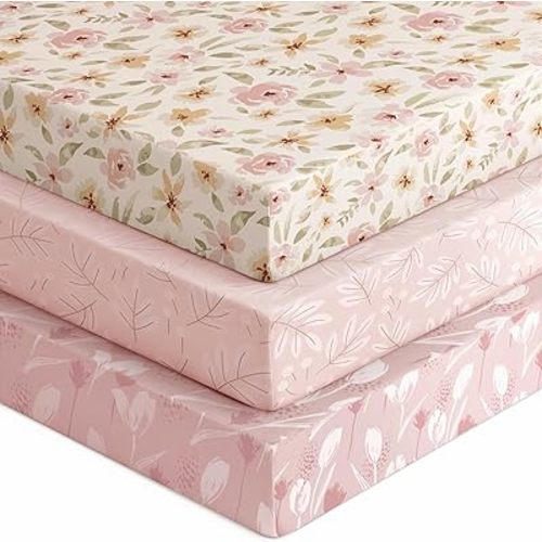 Baby Crib Sheets for Boys Girls, Fitted Crib Sheet Neutral 3 Pack for Standard Crib and Toddler Mattress, Breathable Soft Microfiber Baby Sheet 28x52x8in Pink Flowers & Leaf