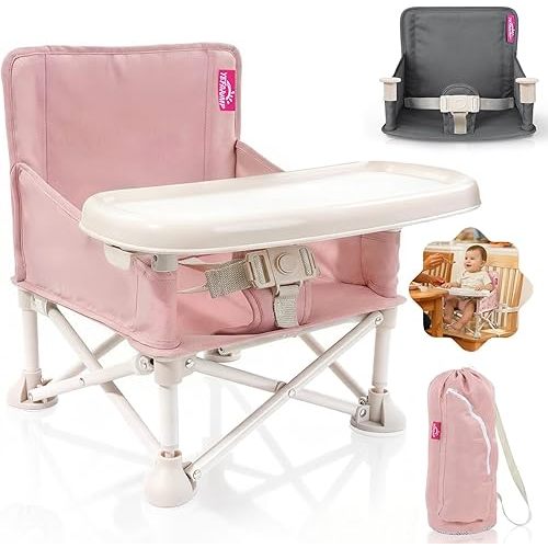 Portable Baby Chair, Baby Beach Chair with 2-Pack Interchangeable Seat Covers, Portable Booster Seat with Tray & Travel Bag, Compact Foldable, Easy-Swap Colors, Perfect for Travel