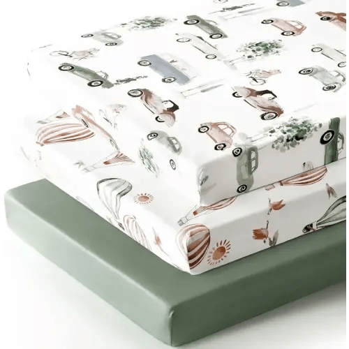 GRSSDER Pack n Play Sheets Fitted 3 Pack, Stretchy Ultra Soft Jersey Knit Pack and Play Sheets, Universal Fitted Portable/Mini Crib Mattresses Snug and Safe, Neutral Pattern of Cars Print
