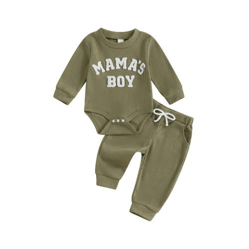 Baby Boy Fall Outfit Letter Embroidered Long Sleeve Romper Solid Elastic Waist Pants 2 Piece Set