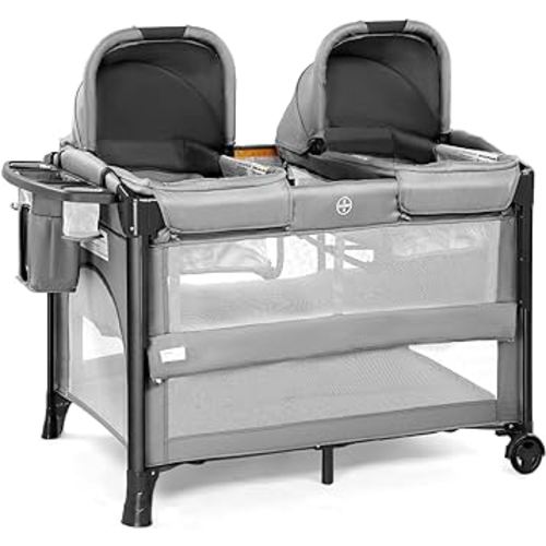 JOYMOR Twin Bassinet for Baby, Bedside Bassinet, Convertible to Bedside Sleeper and Playpen, with Wheel, Brake, Foldable Side Sleeper, Gray