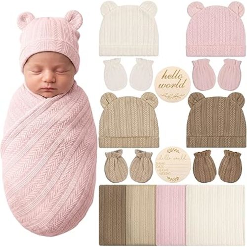 4 Pcs Newborn Receiving Blanket with Bear Ears Beanie Hat Mittens Wooden Announcement Sign Set Cute Newborn Baby Boy Girl Gender Neutral Nursery Swaddle Wrap